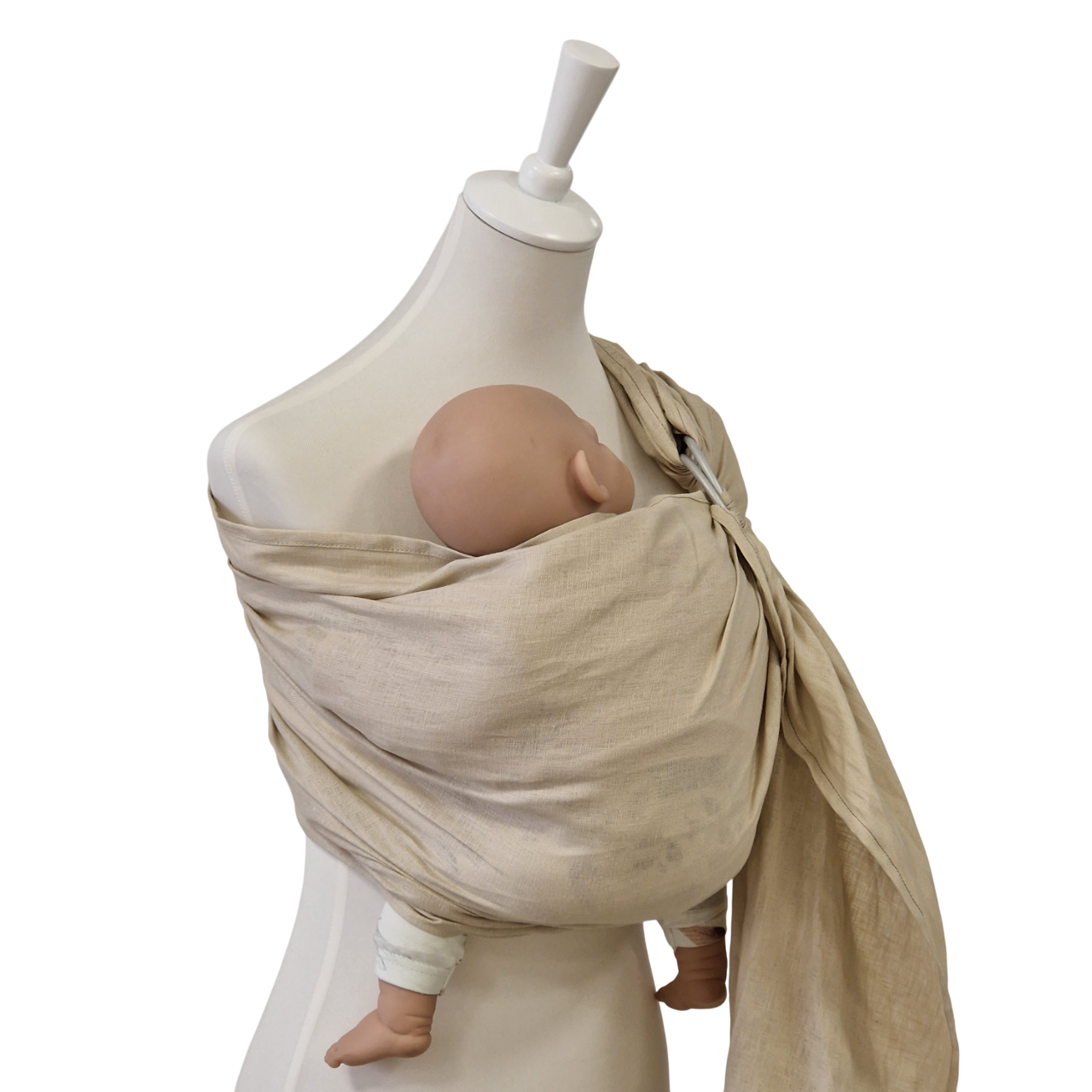 Leinen-RingSling ELFENBEIN baby carrier in ecru linen fabric on mannequin with doll baby inside