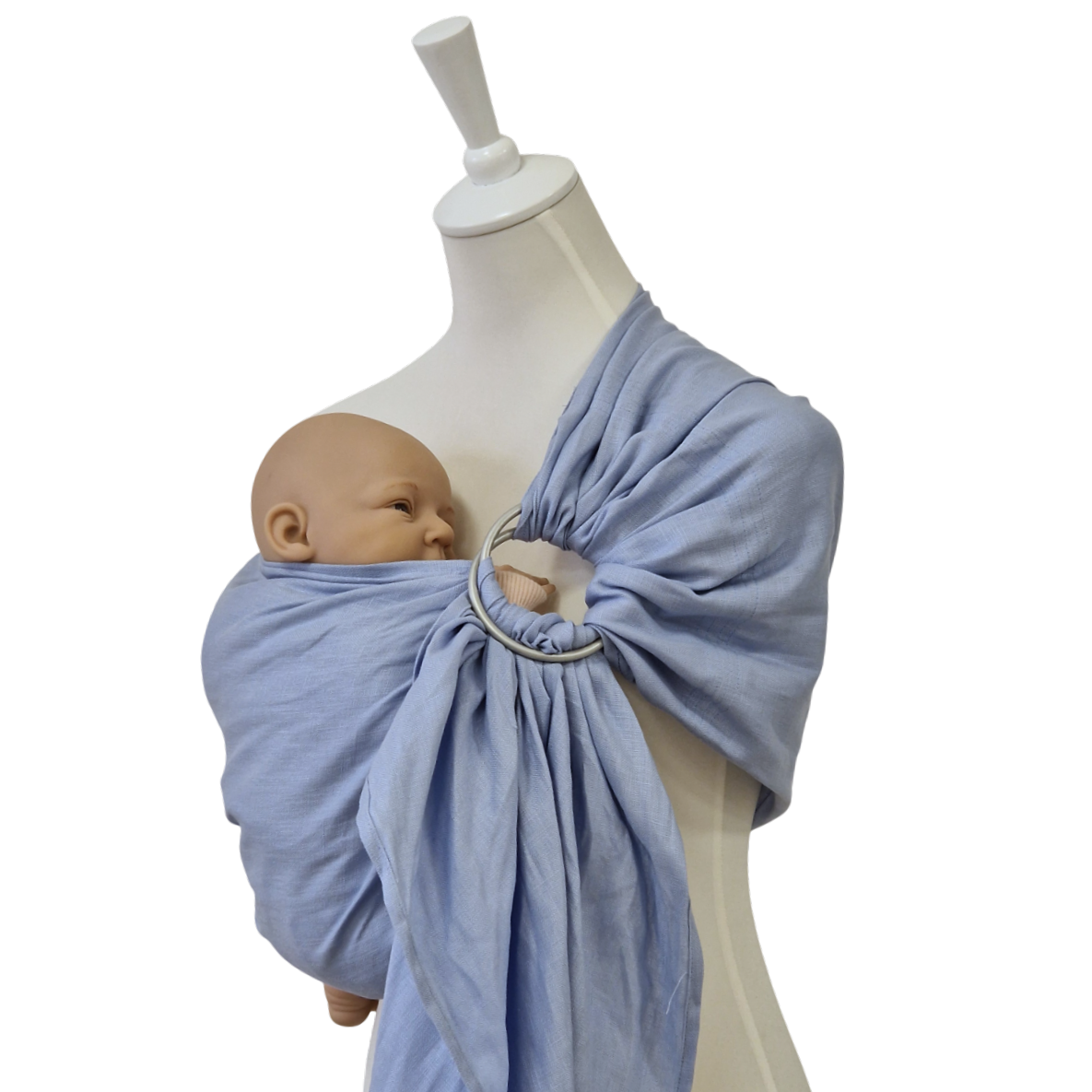 Leinen-RingSling KRISTALLKLAR baby carrier in light blue linen with secure ring design for infants 3.5-15 kg
