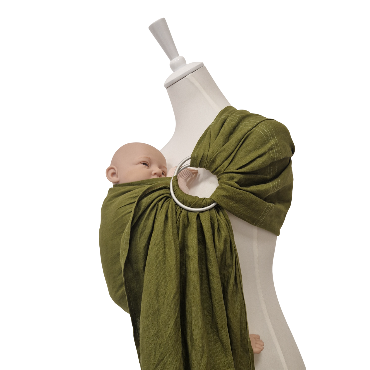 Leinen-RingSling MOOSGRÜN baby carrier made of breathable linen with ring design in khaki green