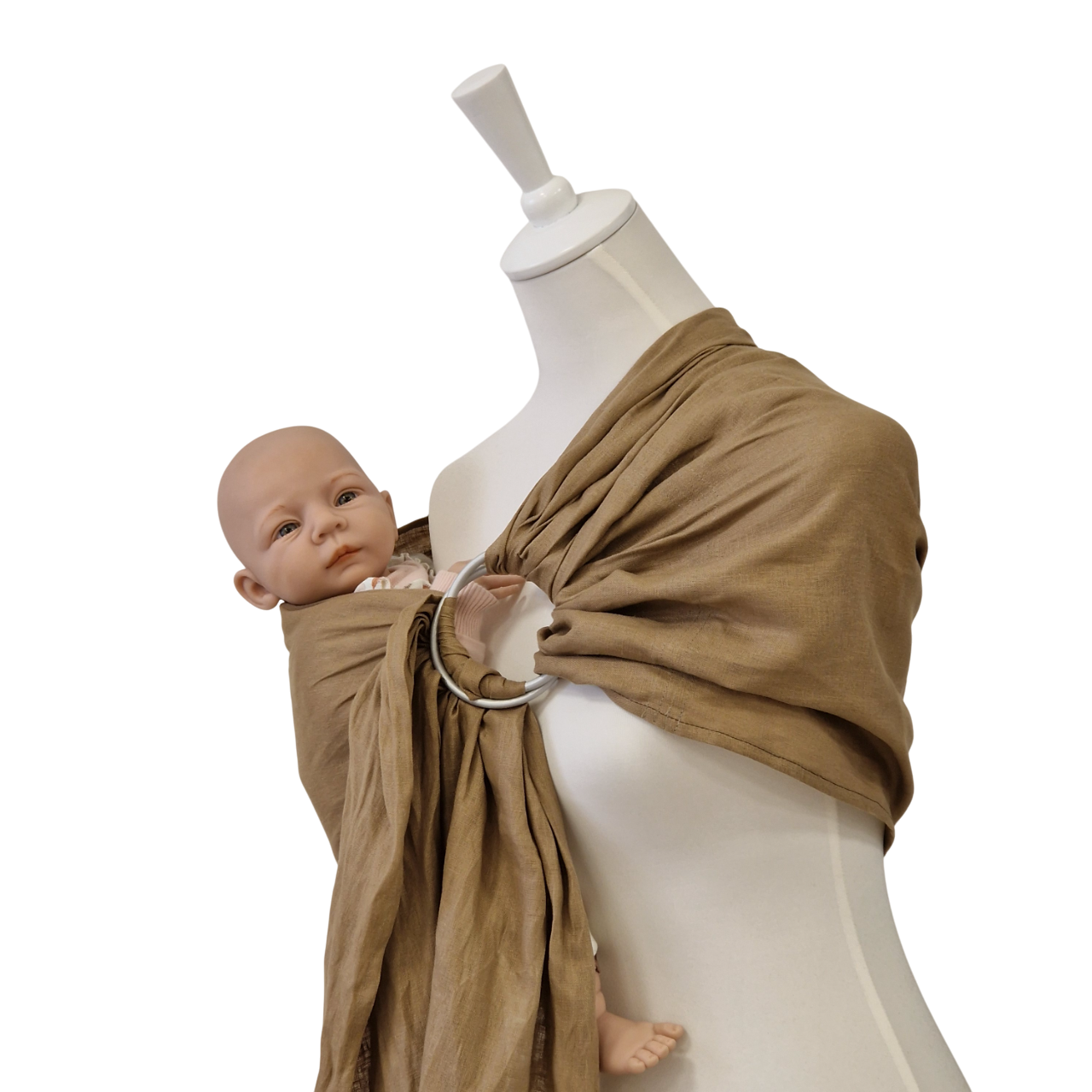 Beige Leinen-RingSling baby carrier with metal rings for secure and comfortable babywearing