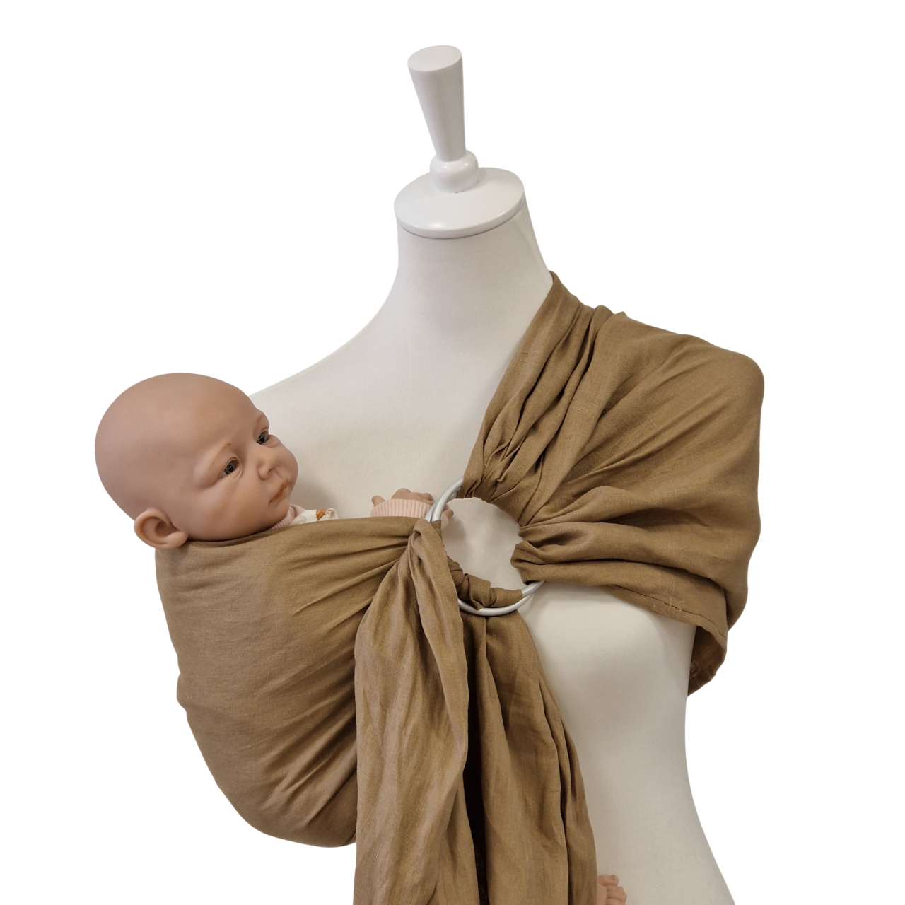 Beige Leinen-RingSling baby carrier with breathable linen fabric for secure and comfortable babywearing