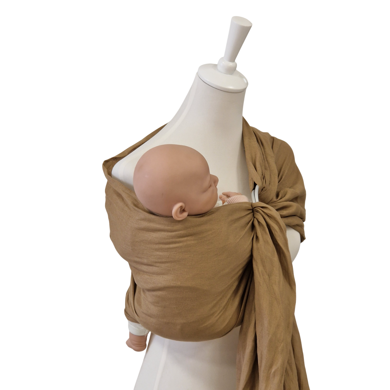 Beige Leinen-RingSling baby carrier with breathable linen fabric for secure and comfortable babywearing