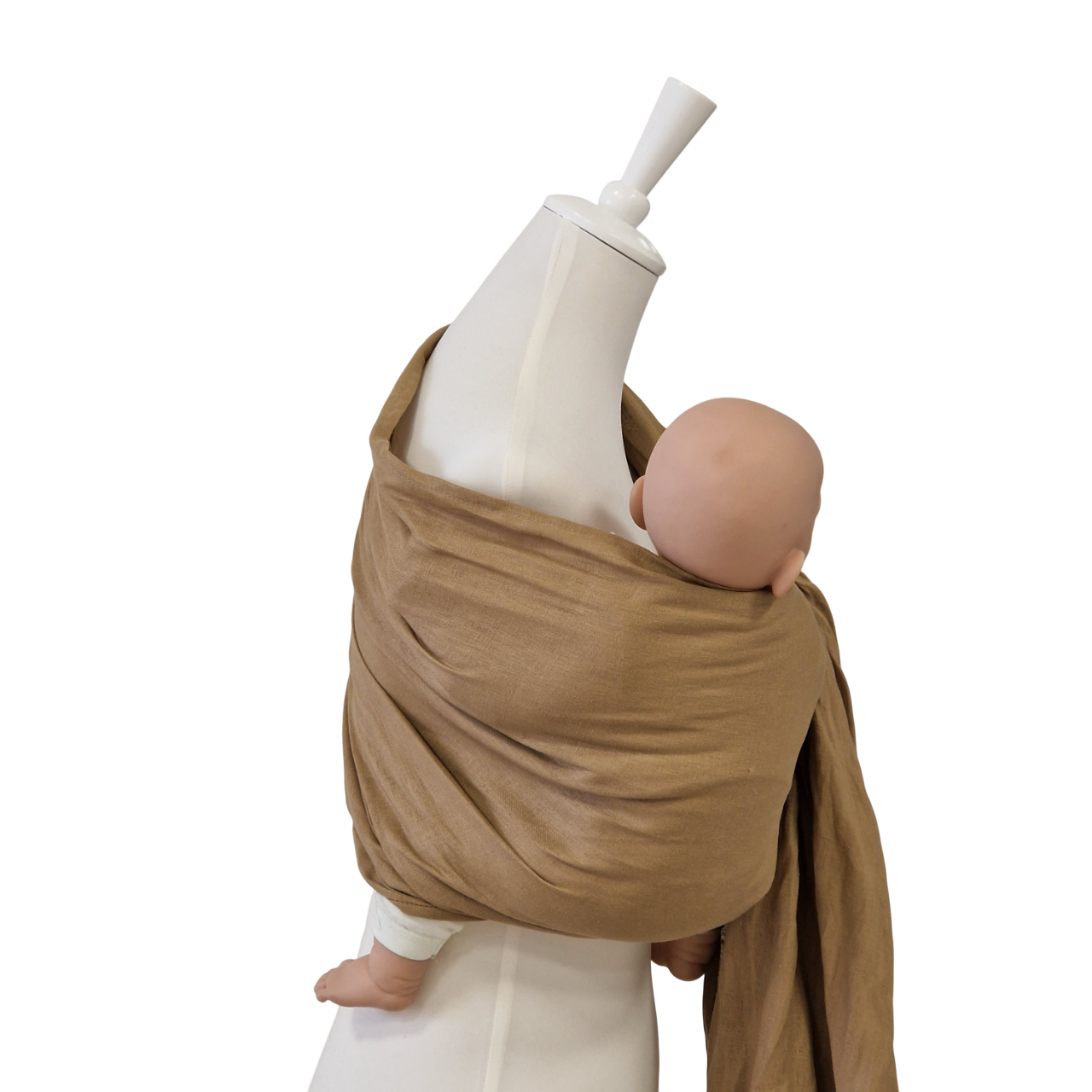 Beige Leinen-RingSling baby carrier wrapped around mannequin holding a baby doll securely and comfortably