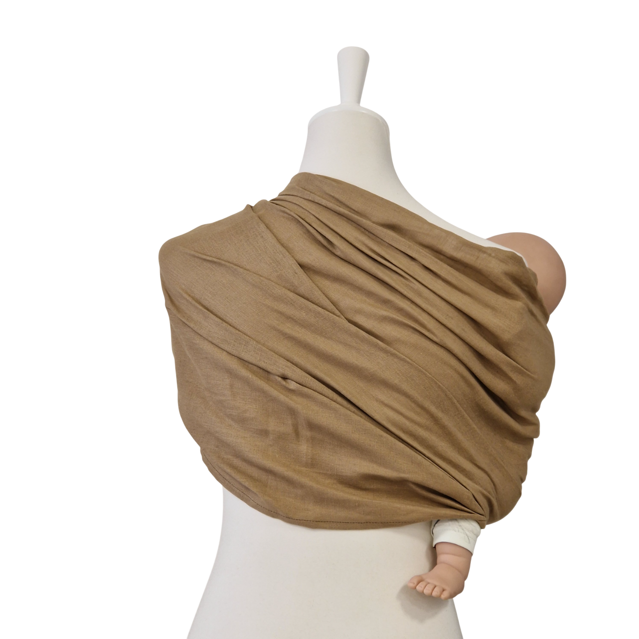 Beige Leinen-RingSling baby carrier wrapped on mannequin holding a doll, breathable linen fabric.