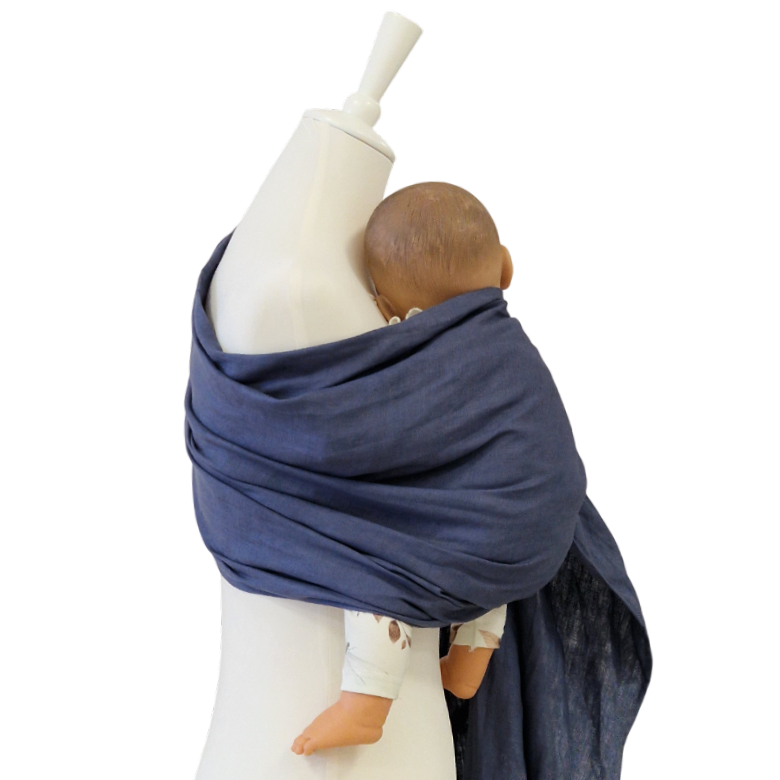 baby carrier Leinen-RingSling INDIGO in indigo blue linen fabric on mannequin with baby doll