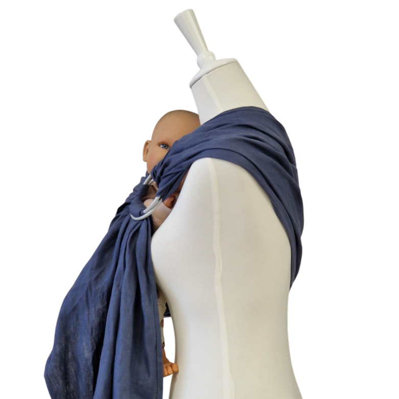Leinen-RingSling INDIGO baby carrier in breathable blue linen with secure rings for hands-free comfort