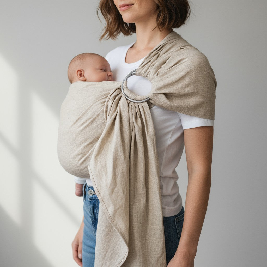 Frau trägt Baby im Leinen-RingSling ELFENBEIN, atmungsaktives, nachhaltiges Babytragetuch aus 100% Leinen in Ecru