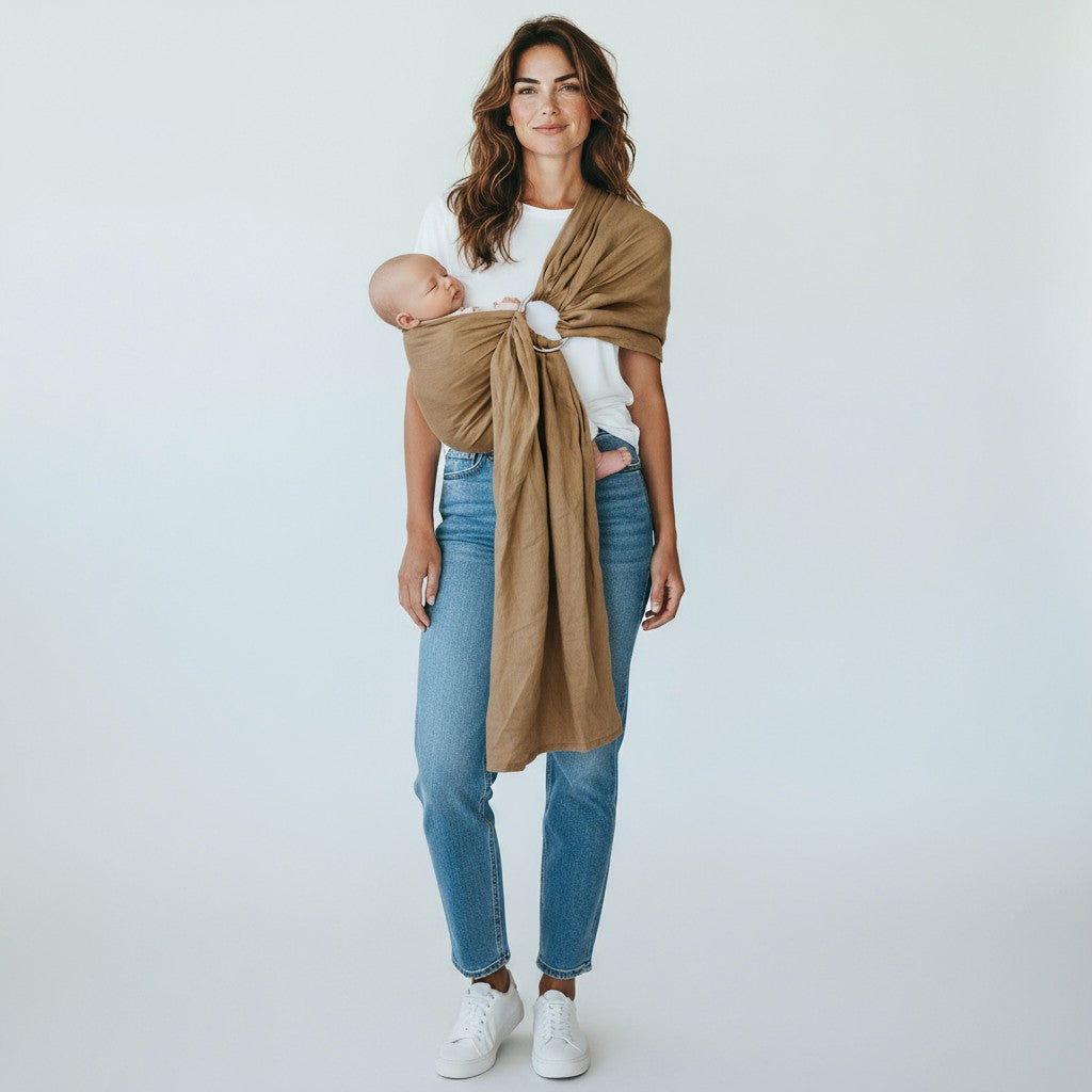Frau trägt Baby im beigen Leinen-RingSling Tragetuch aus 100% Leinen, atmungsaktiv und leicht, für 3,5-15 kg Babys