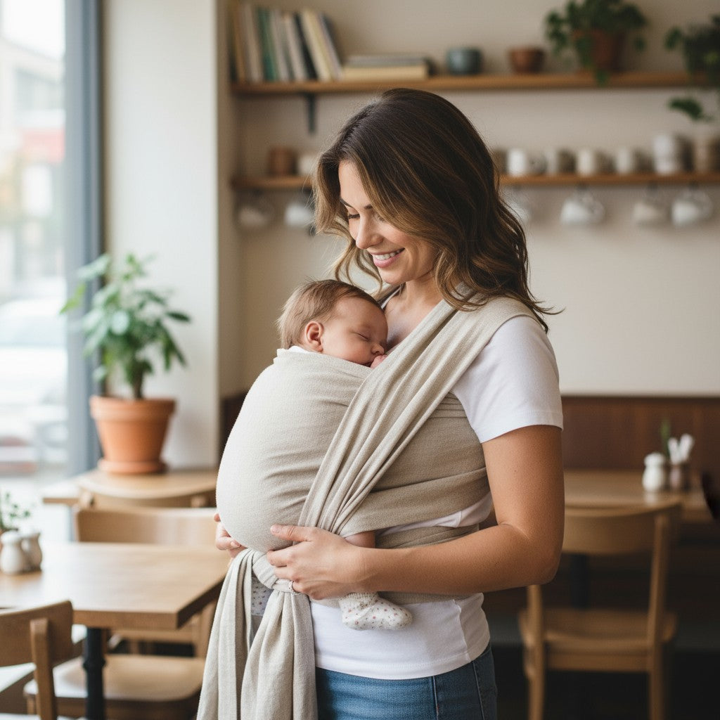 Leinentragetuch Elfenbein mit Baby und Mutter in gemütlicher Wohnung für nahe Babytrage Erfahrung