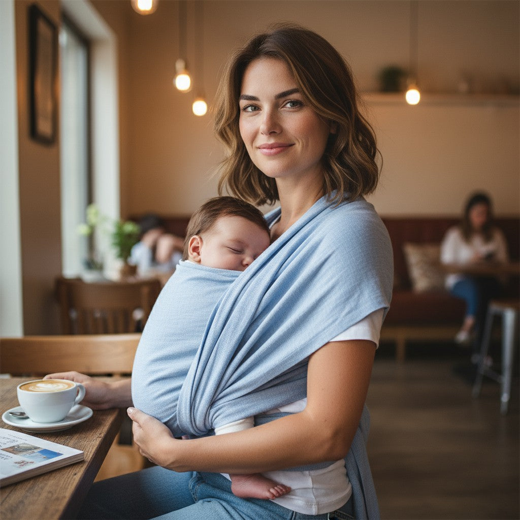 Frau trägt Baby im hellblauen Leinentragetuch KRISTALLKLAR im Café, sanft und nah am Herzschlag