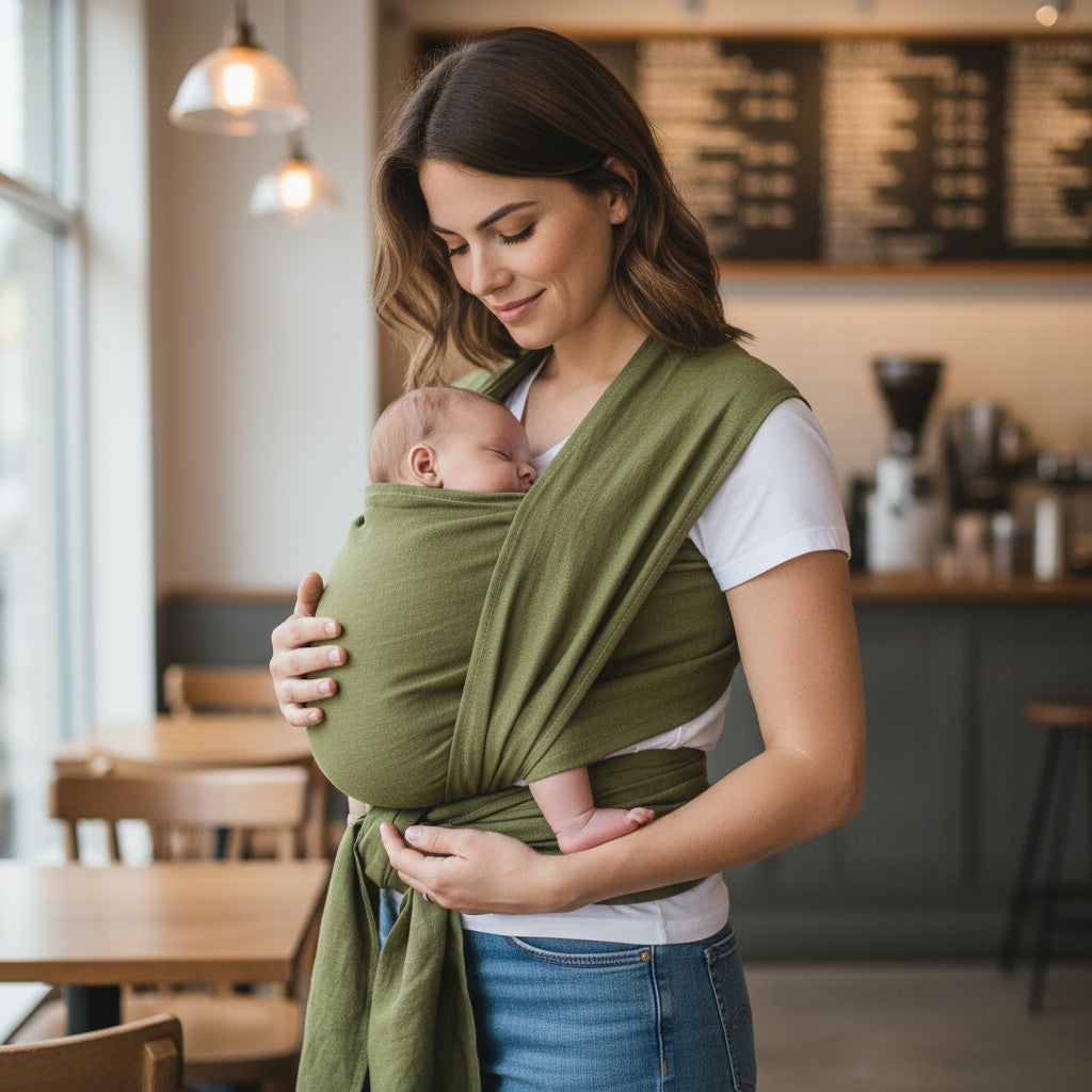 Frau trägt Baby in moosgrünem Leinentragetuch im Caféraum, atmungsaktiv und nachhaltig