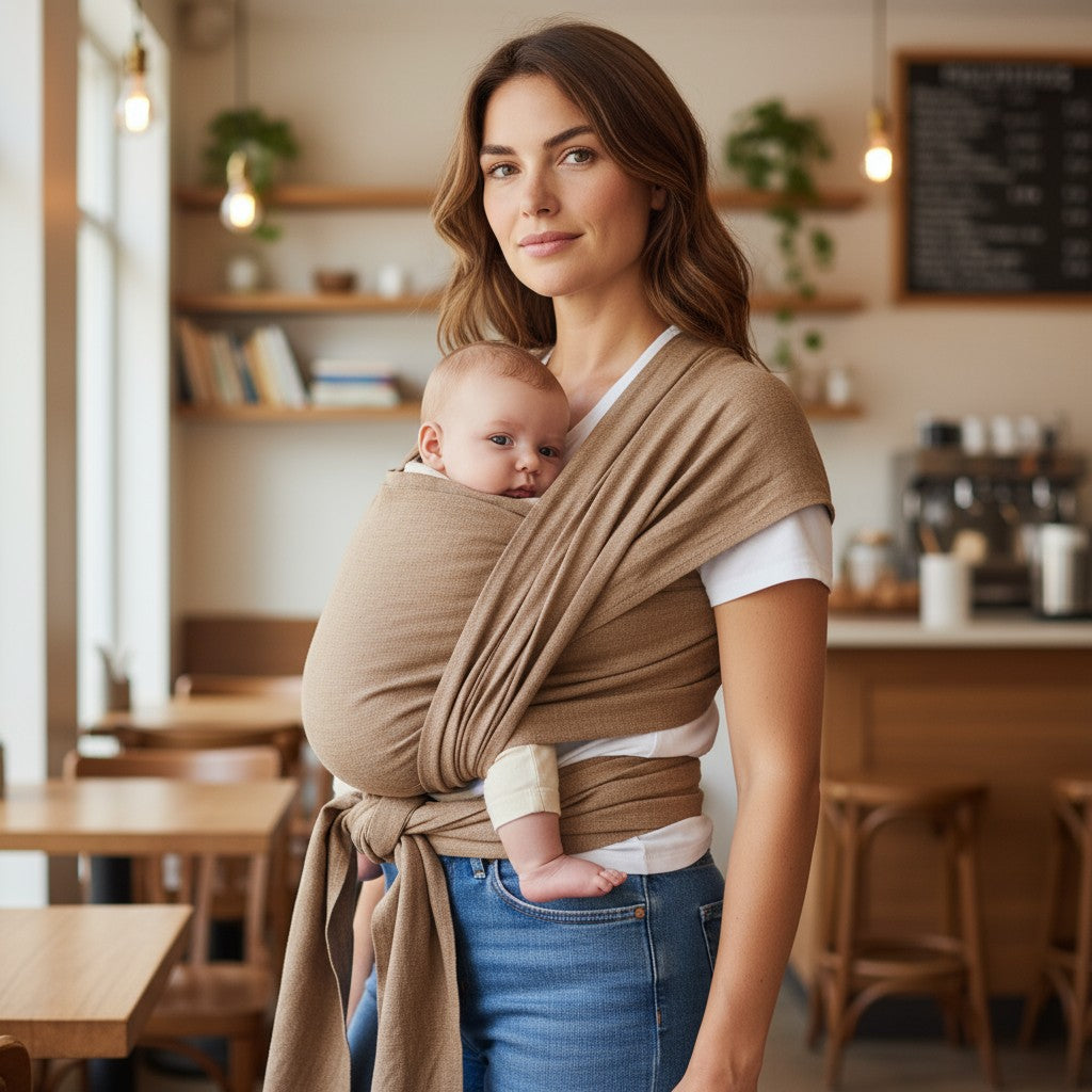 Frau trägt Baby im beige Leinentragetuch STROHGOLD aus 100% Leinen, nah und bequem