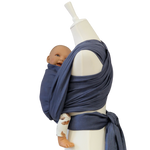 Leinentragetuch INDIGO baby carrier wrap in breathable blue linen fabric with mannequin and doll baby model