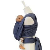 Leinentragetuch INDIGO baby carrier wrap in breathable blue linen fabric with mannequin and doll baby model