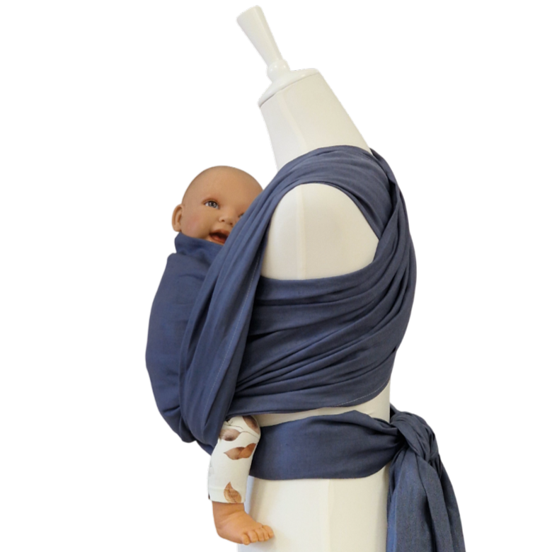 Leinentragetuch INDIGO baby carrier wrap in breathable blue linen fabric with mannequin and doll baby model