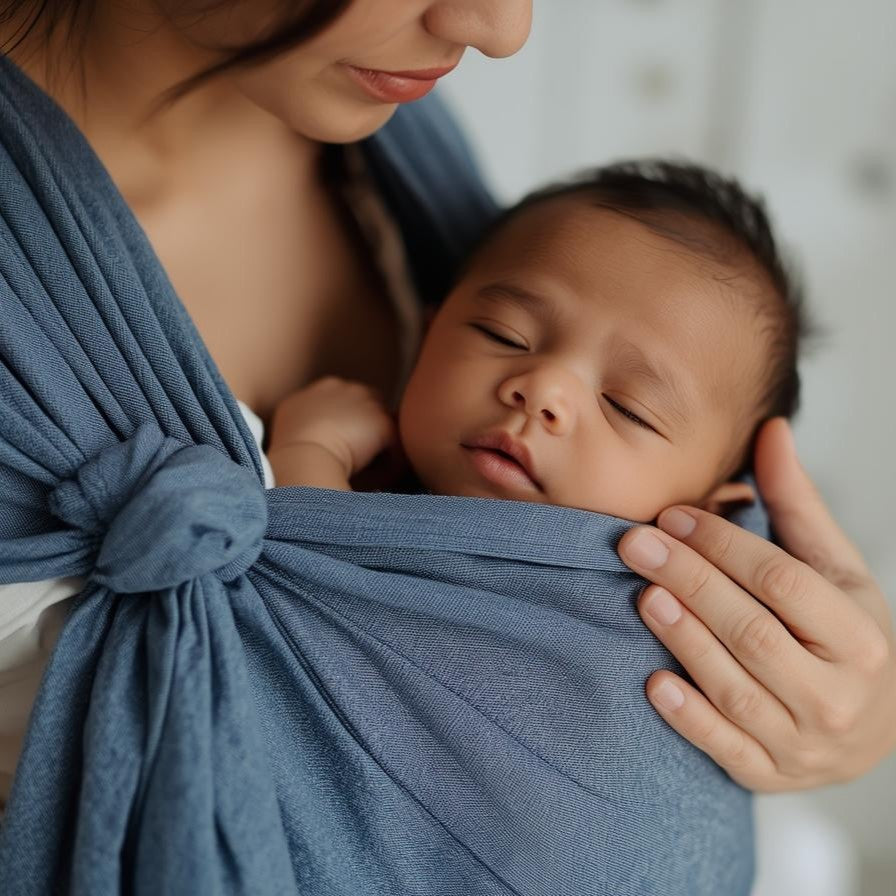Baby im Leinentragetuch INDIGO aus blauem Leinen, sanft und atmungsaktiv getragen