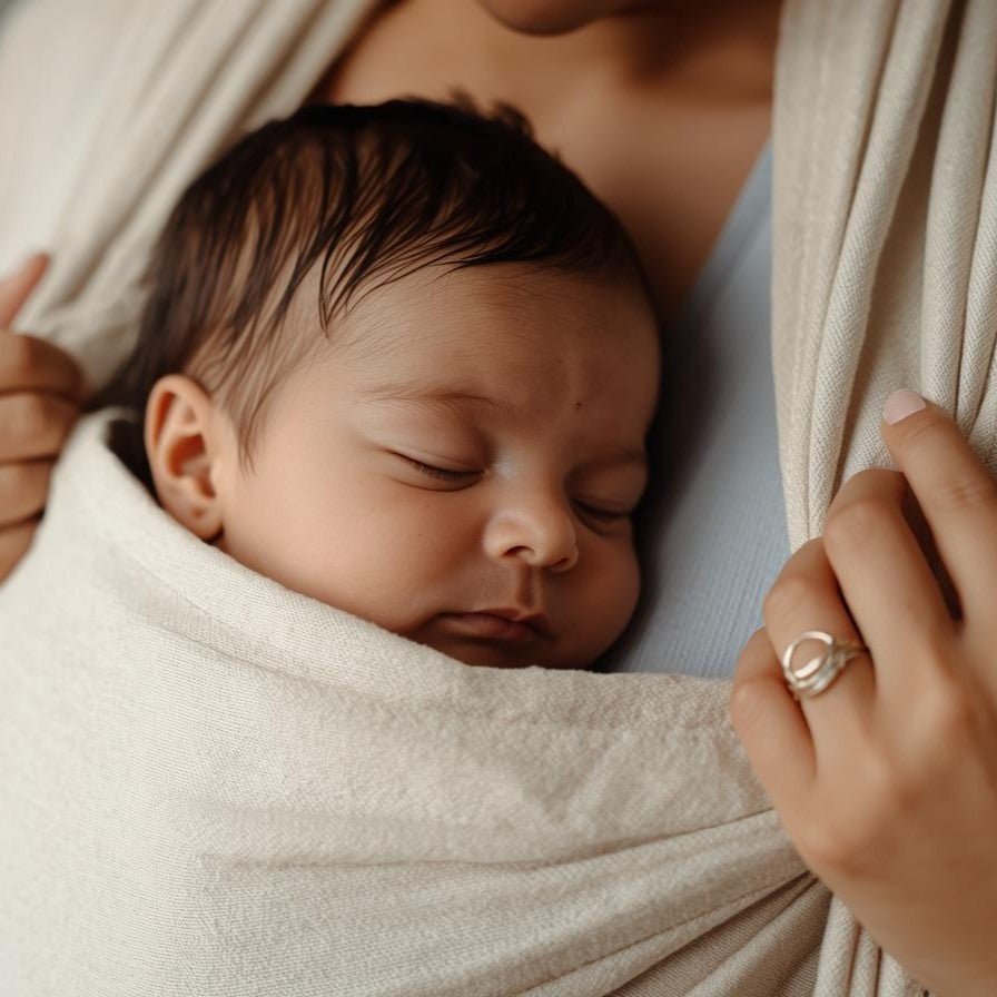 Baby sicher und nah im Leinentragetuch ELFENBEIN aus atmungsaktivem, hochwertigem Leinen getragen
