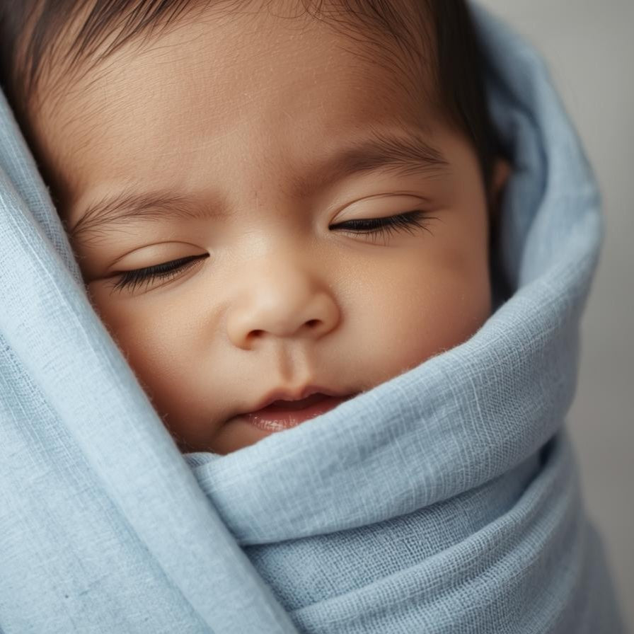 Baby wrapped snugly in light blue Leinentragetuch KRISTALLKLAR linen baby carrier wrap