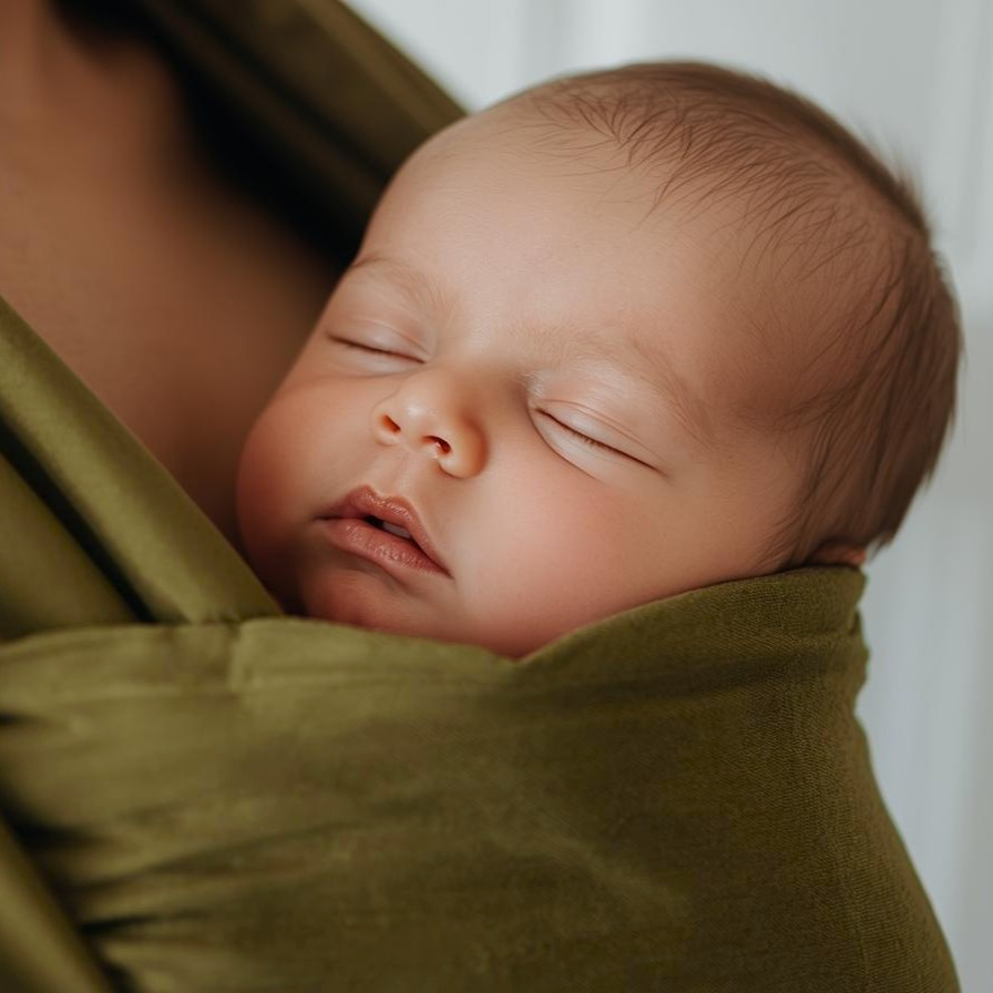 Baby schläft sicher im moosgrünen Leinentragetuch aus 100% Leinen