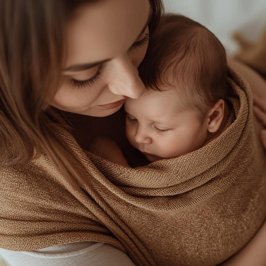 Baby in beige Leinentragetuch STROHGOLD aus Leinen getragen von Mutter, Nähe und Geborgenheit