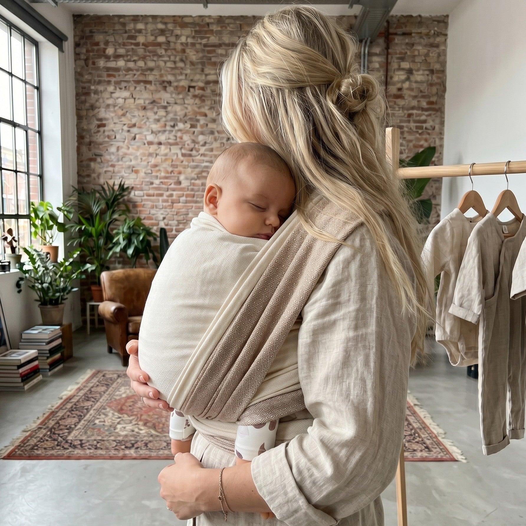 Tragetuch Leo Natur aus 100% Baumwolle mit zartem Webmuster und farbiger Mittelmarkierung, weich und elastisch, für Babys und Kleinkinder, Made in Germany