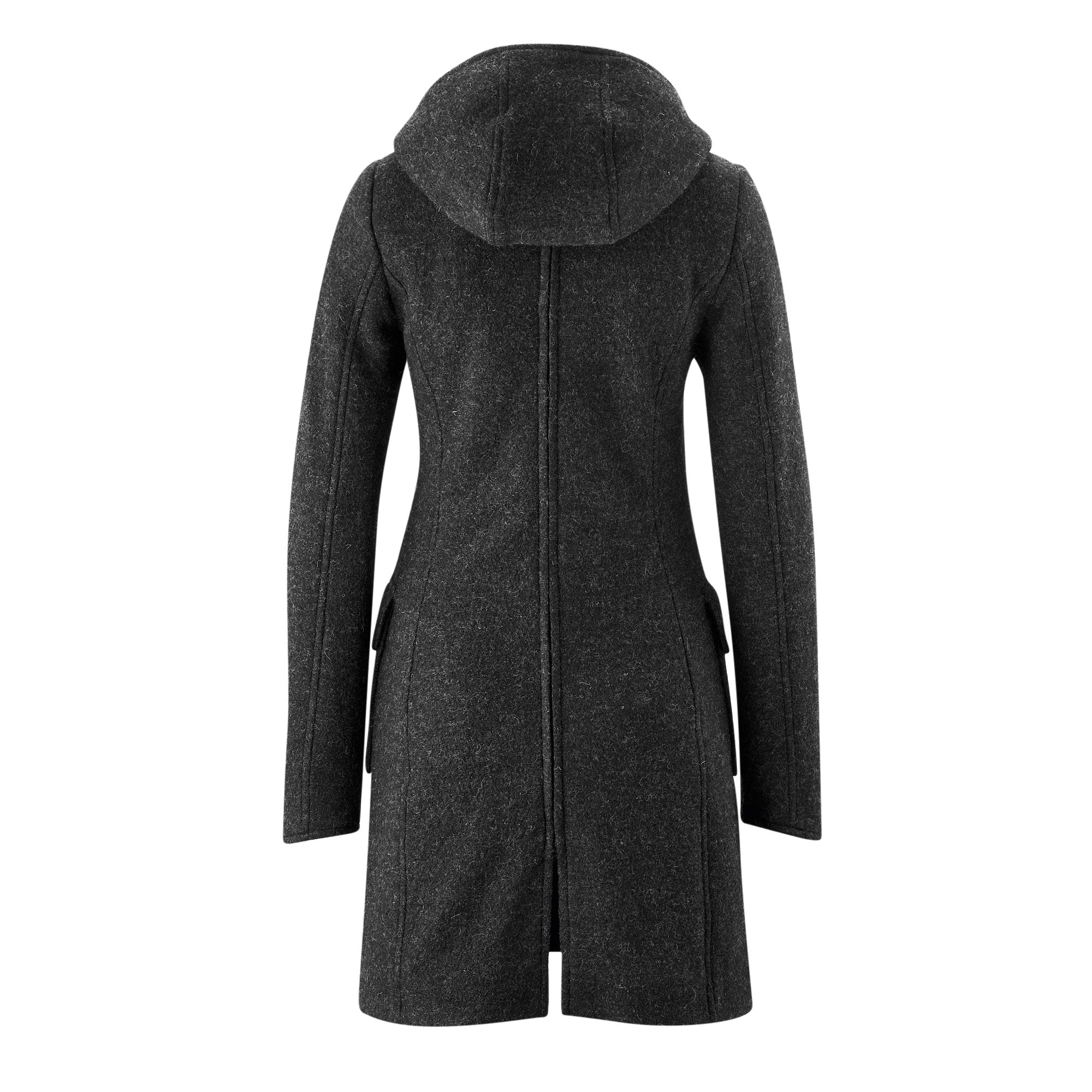 Mamalila Kapuzen Tragemantel Vienna, classic design, wool blend fabric, wind- and waterproof, back view.