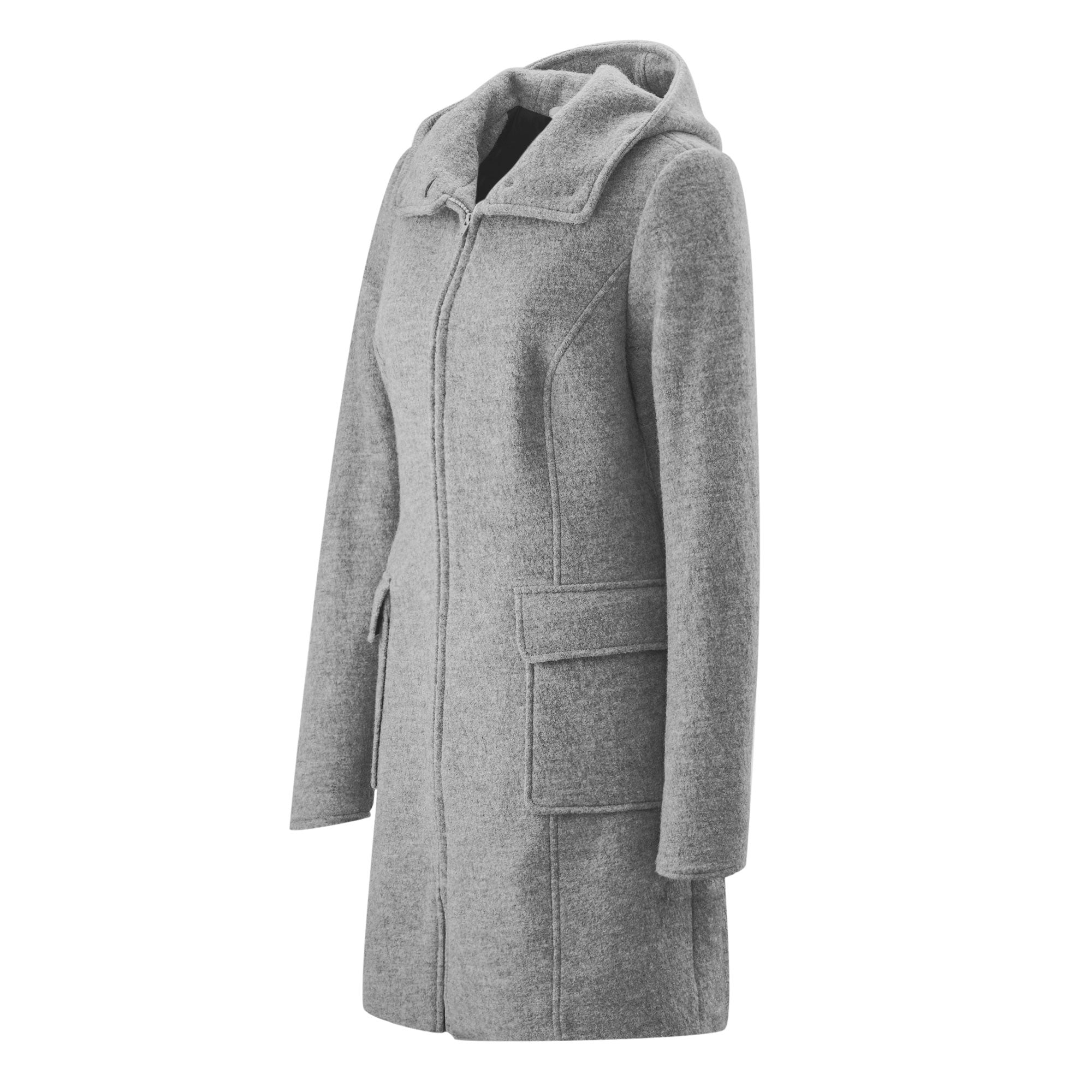 Gray Mamalila Kapuzen Tragemantel Vienna with hood, made from wool and polyester, featuring a classic design for winter comfort.