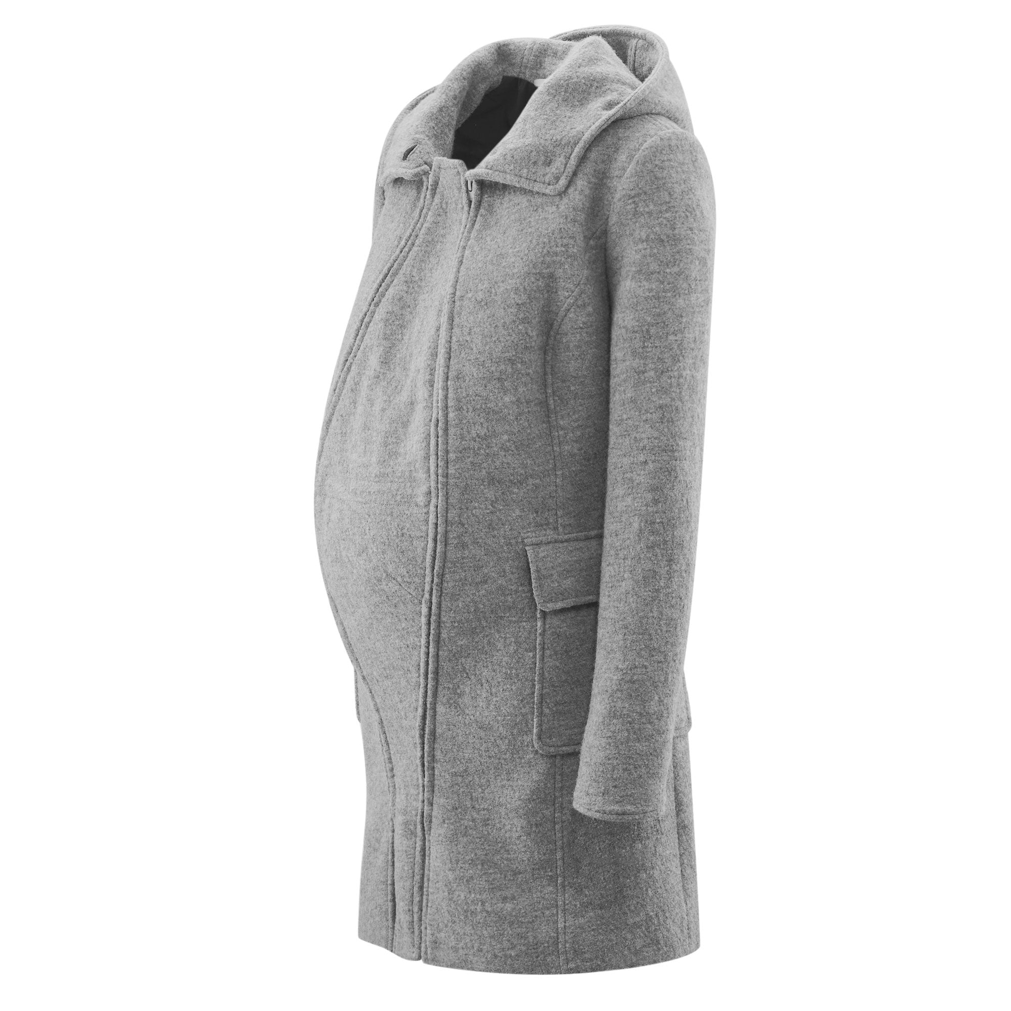 Mamalila Kapuzen Tragemantel Vienna in gray, featuring natural wool and functional membrane, multiple adjustable fits, winter-ready design.