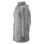 Mamalila wool babywearing coat with hood, classic design, gray color, German Design Award winner.