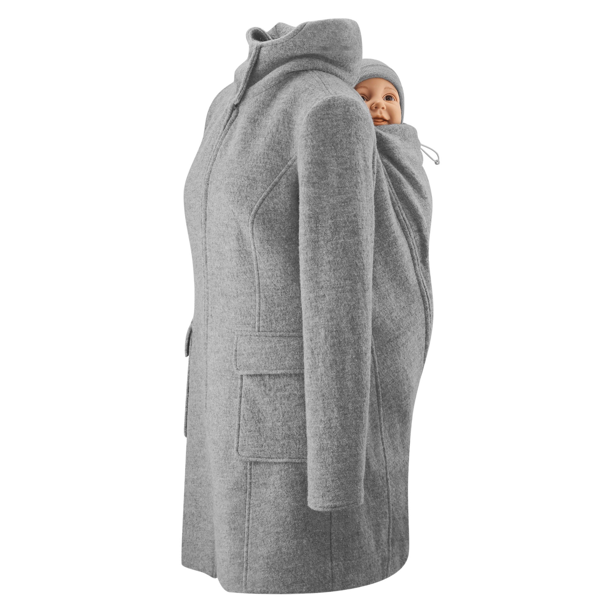 Mamalila wool babywearing coat with hood, classic design, gray color, German Design Award winner.