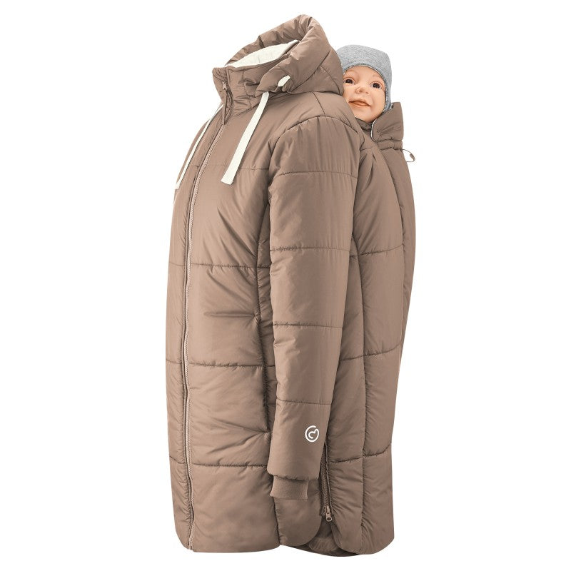 Mamalila Winter-Tragemantel Copenhagen in Taupe, wattierter Steppmantel mit Kapuze und Babytrageeinsatz vorne.