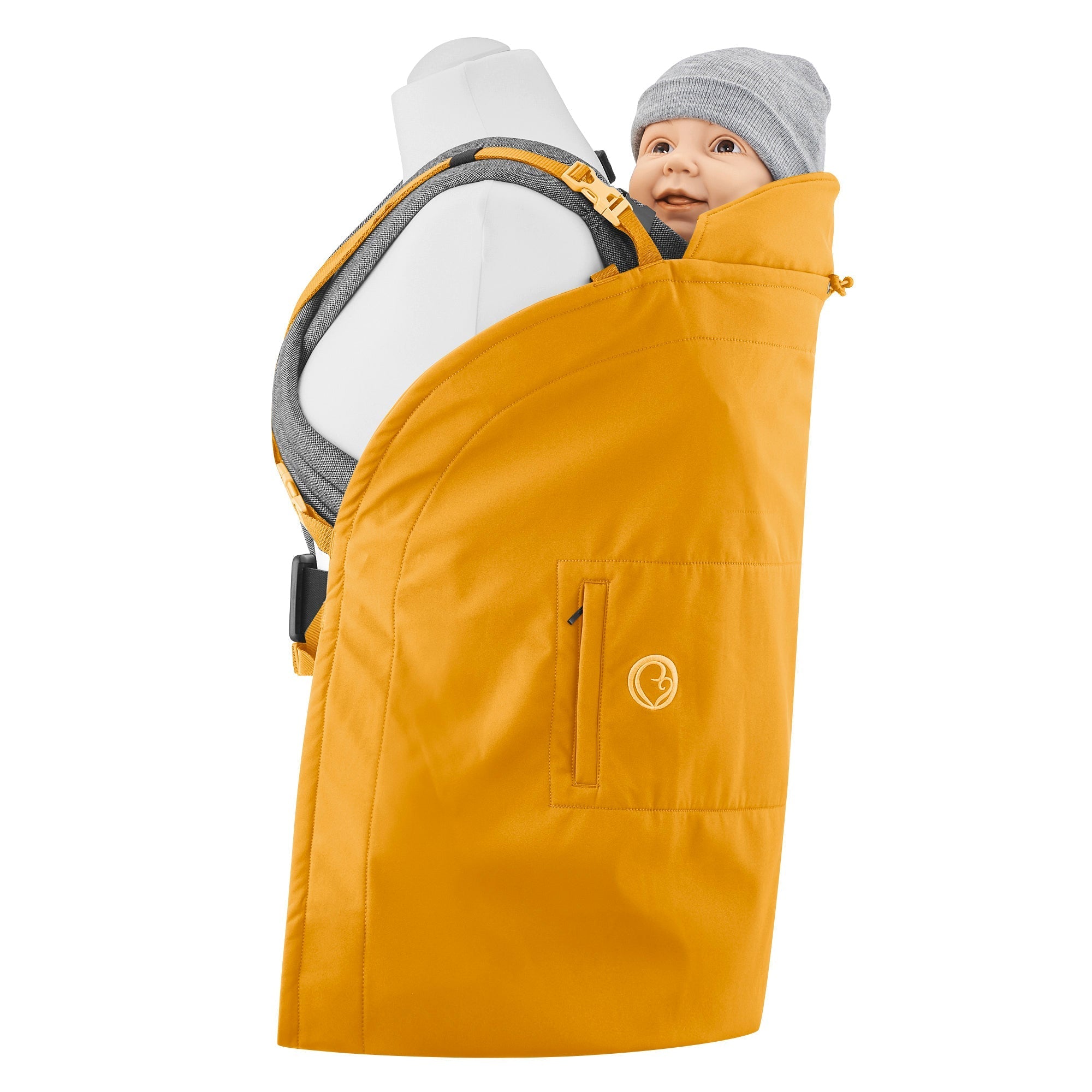 Mamalila Softshell Tragecover Allrounder in yellow on baby carrier, featuring adjustable design and waterproof material.