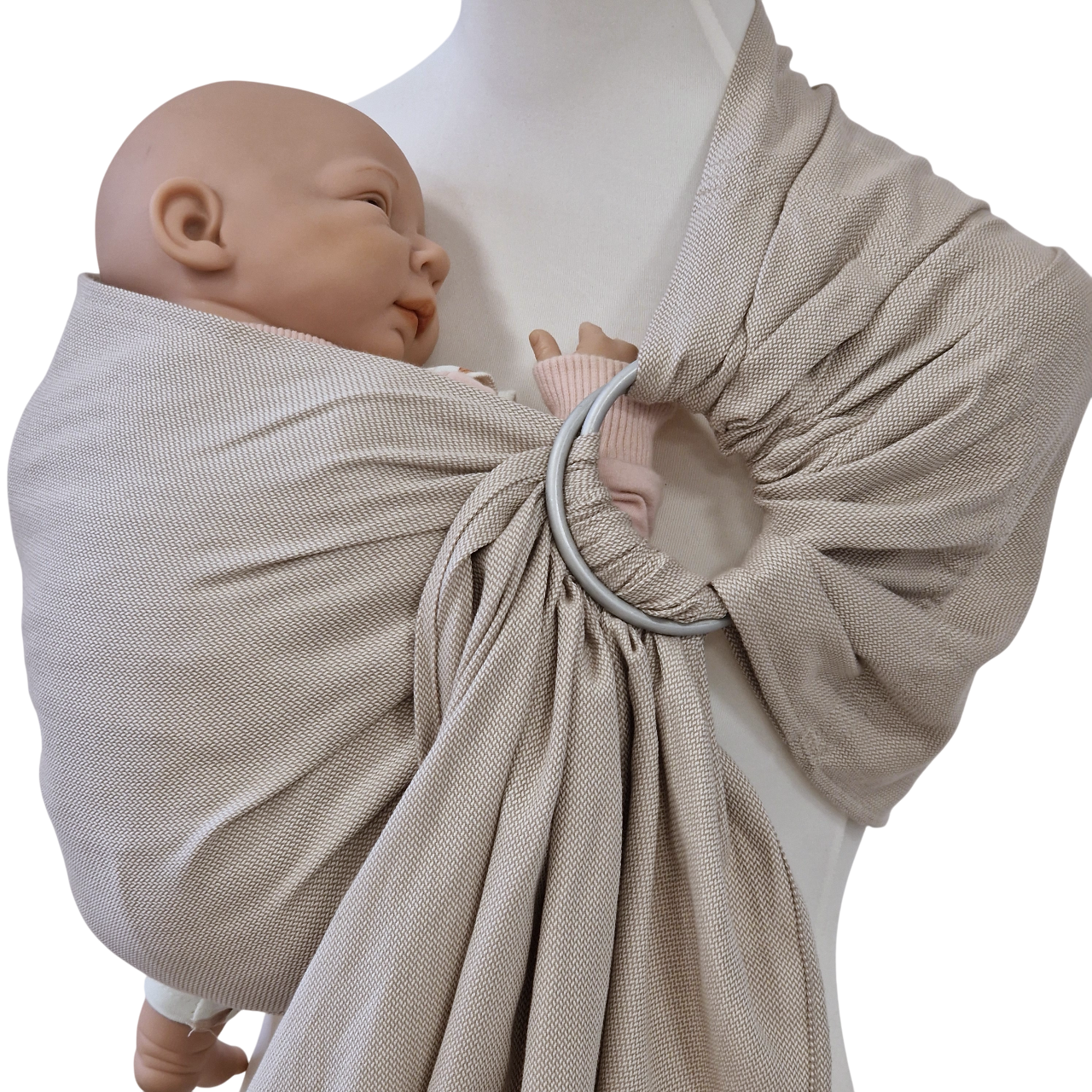 Ringsling Mondstein aus 100% Baumwolle mit zartem Webmuster und Babytrage in Beige