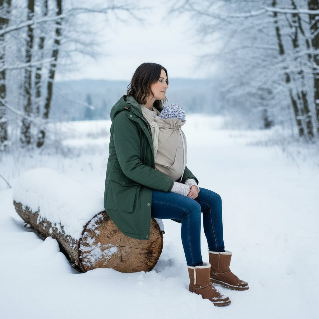 Frau im Winter trägt Baby im Storchenwiege Tragecover draußen in schneebedeckter Landschaft