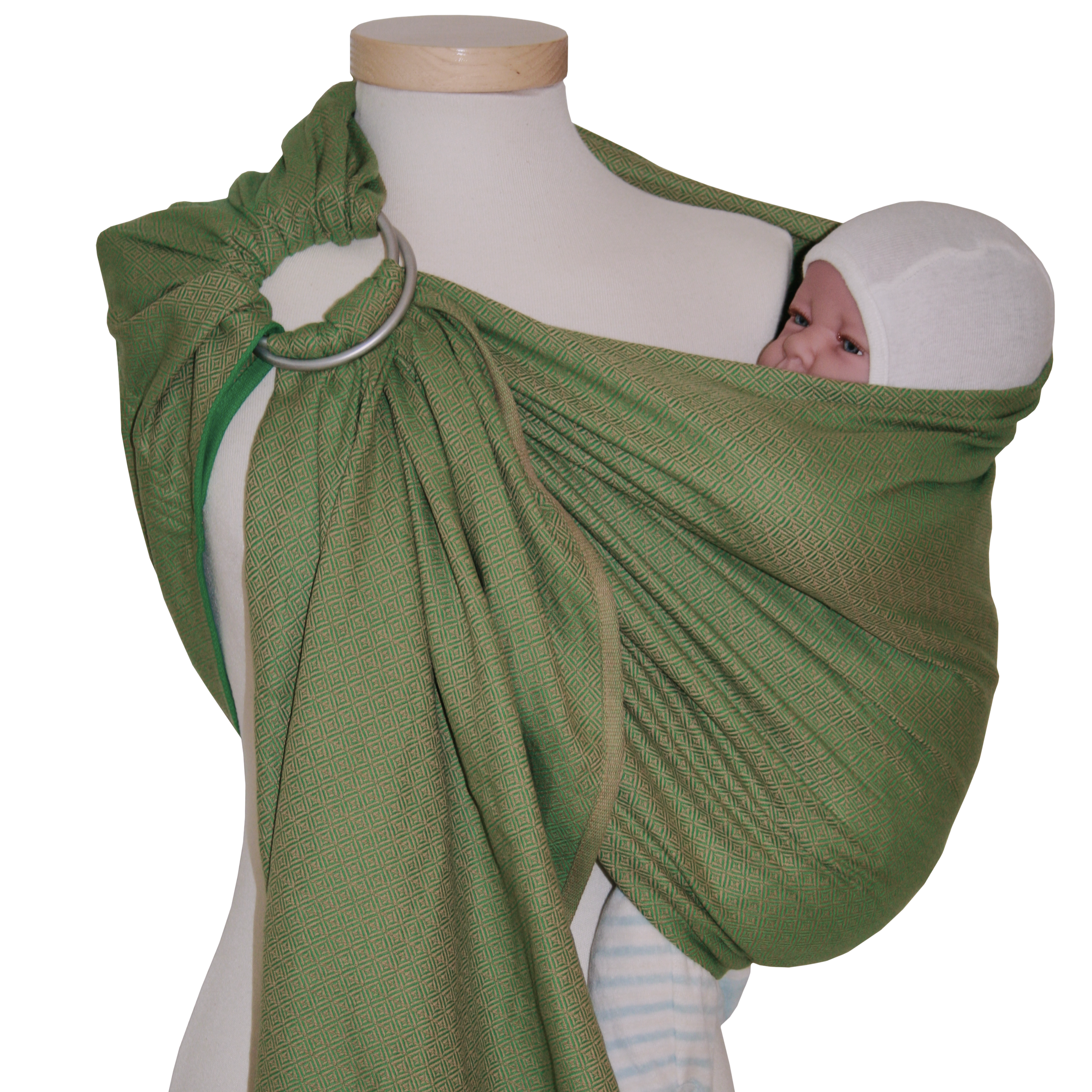 Ringsling Leo Grün mit zartem Webmuster, ideal für Babys und Kleinkinder, 100% Baumwolle.