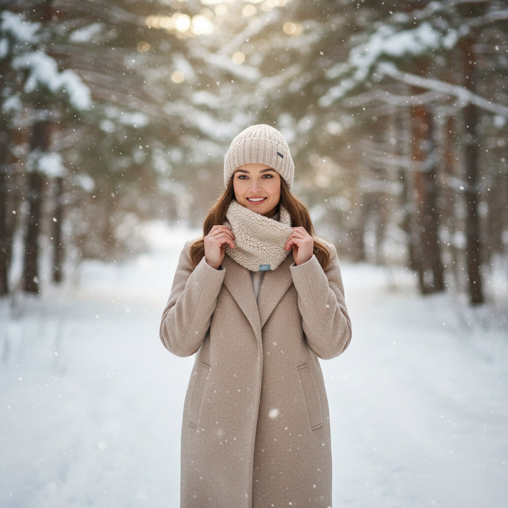 Storchenwiege Teddy Loop Sand winter loop scarf made of soft warm polyester teddy fabric