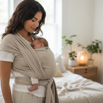 Frau trägt Baby im weichen, diagonalelastischen Tragetuch Mondstein aus 100% Baumwolle, OEKO-TEX zertifiziert