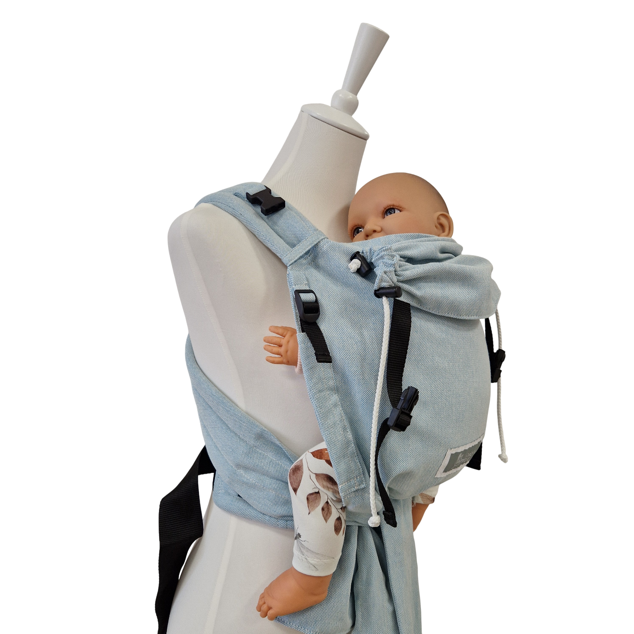 Babycarrier Aqua Half-Buckle-Babytrage aus 100% Baumwolle mit gepolsterten Trägern und Bauchgurt in hellblau