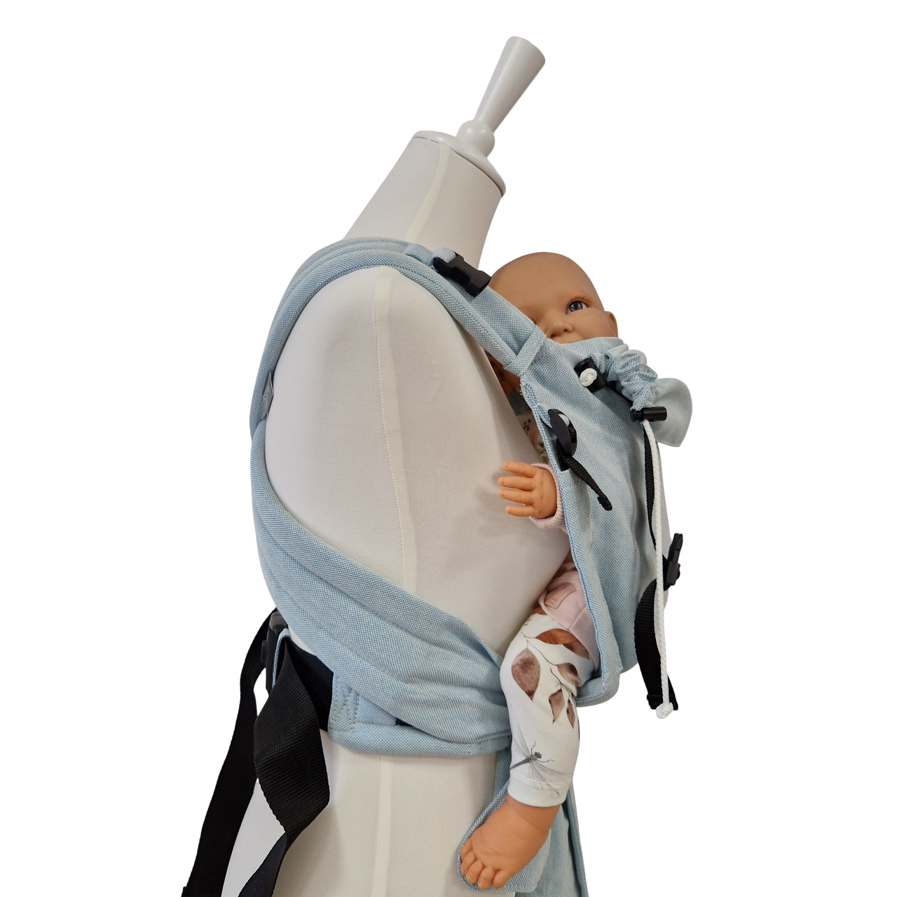 Babycarrier Aqua in Aqua mit gepolsterten Trägern und sicherem Bauchgurt, verstellbarer Steg und integrierte Kopfstütze, für Neugeborene bis 15 kg geeignet, ergonomische Half-Buckle-Babytrage