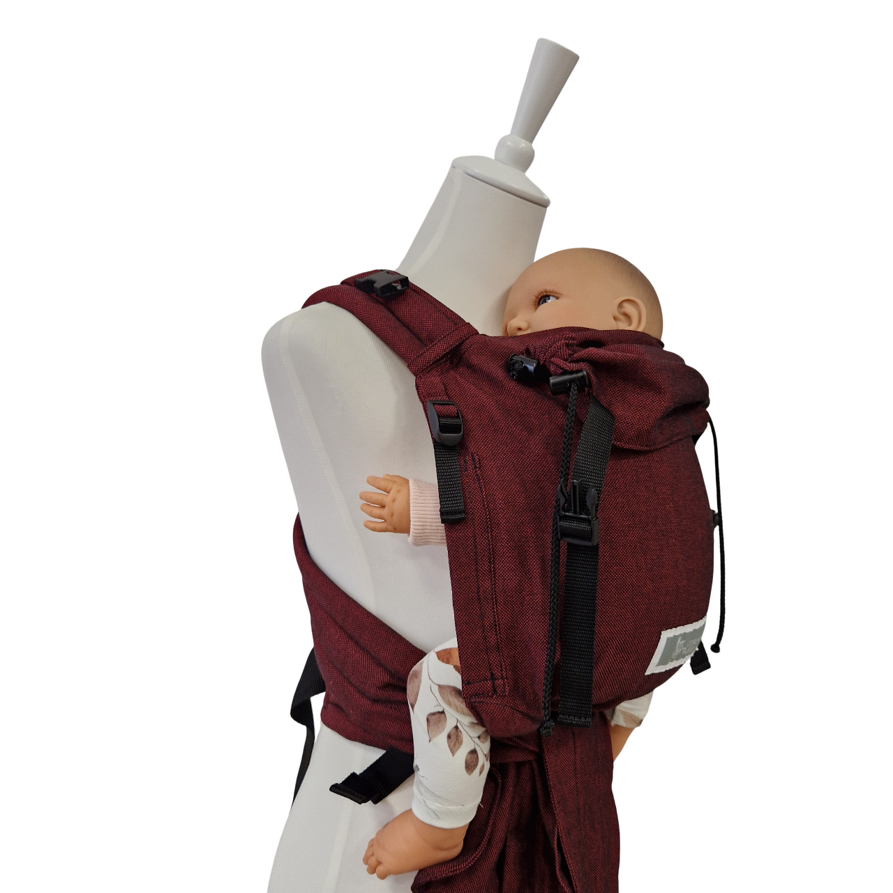 Babycarrier Bordeaux aus Baumwolle mit verstellbarem Steg und gepolsterten Trägern für gesunde Anhock-Spreiz-Haltung