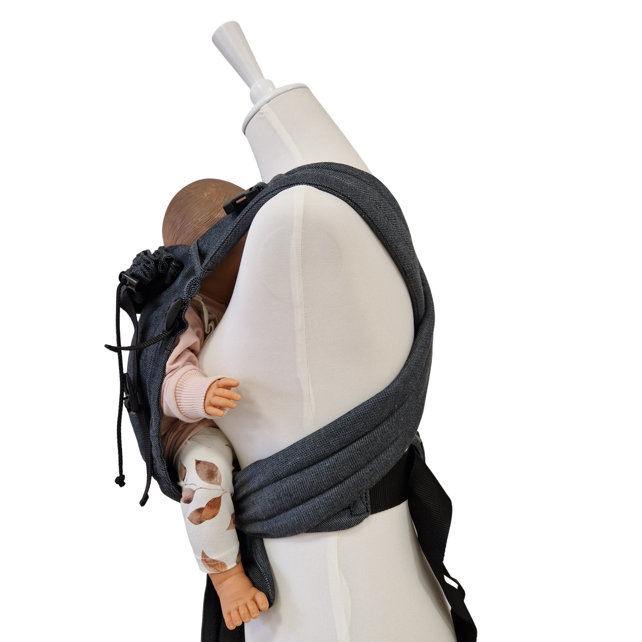 Graphitfarbiger Babycarrier mit gepolsterten Trägern und Bauchgurt, verstellbar ab Geburt, mit Kopfstütze und Brustgurt.