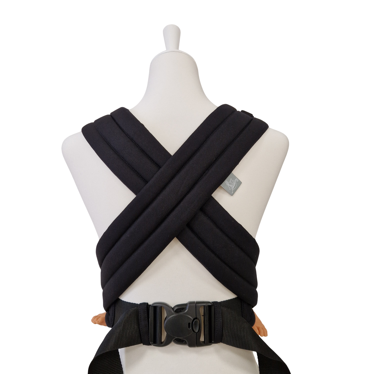 Schwarz-weiße Babytrage Talemo Leo mit gepolsterten Schultergurten und Bauchgurt, verstellbar und für Neugeborene geeignet