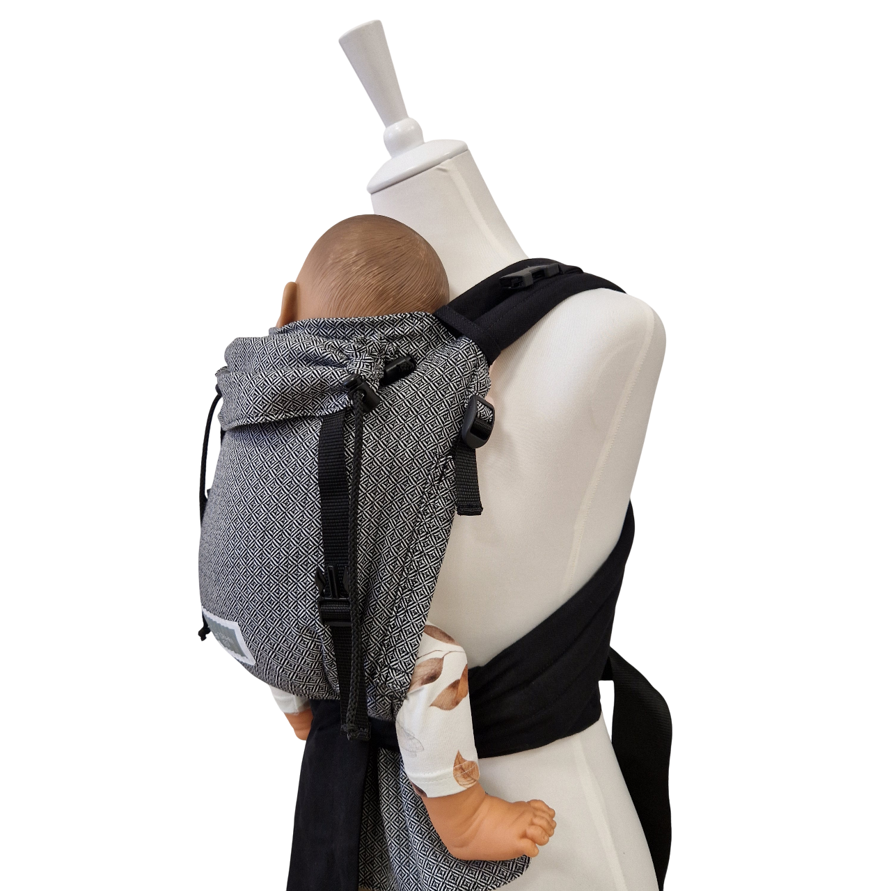 Babycarrier Leo Half-Buckle-Trage Schwarz-Weiss mit gepolsterten Gurten und Brustgurt