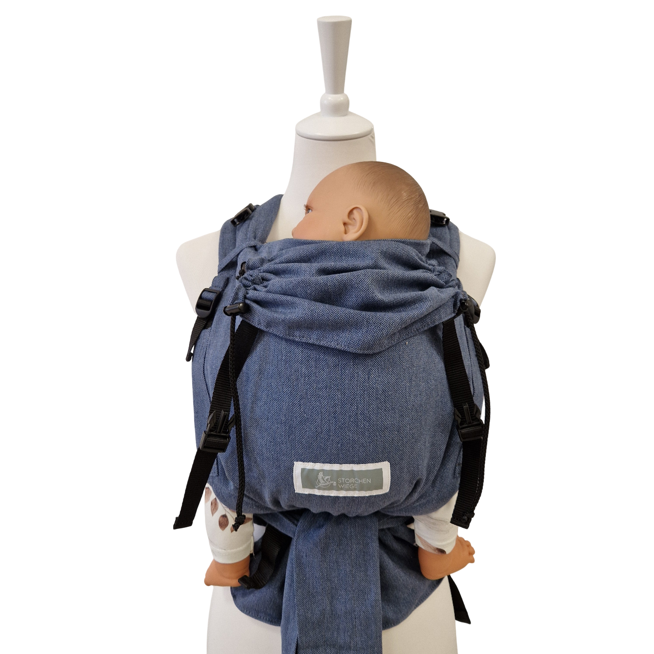 Babycarrier Jeans in Jeans-Optik mit gepolsterten Trägern und verstellbarem Steg für gesunde Anhock-Spreiz-Haltung