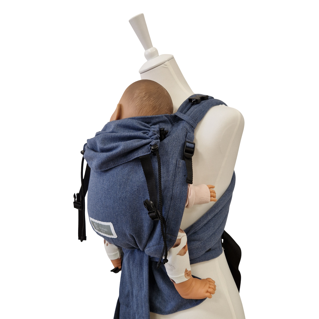 Babycarrier Jeans in optimal anpassbarer Half-Buckle-Babytrage mit Kopfstütze und Brustgurt in Jeans-Optik