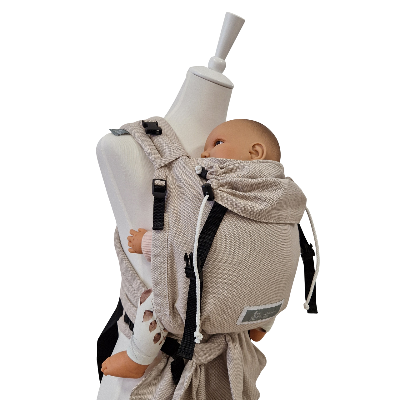 Halbduchs Babytrage Mondstein mit gepolsterten Trägern und Bauchgurt in beige für Neugeborene und Babys
