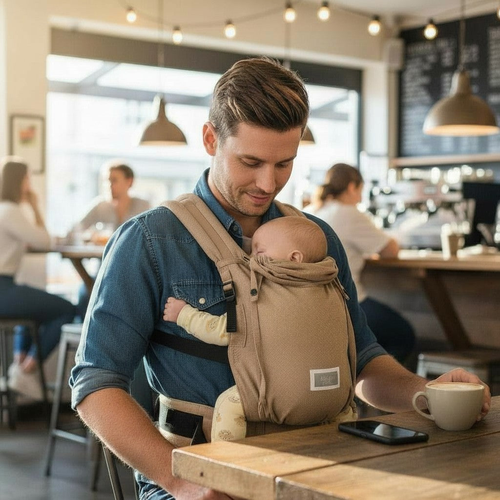 Vater trägt Baby in Valeno Sand Babytrage mit gepolsterten Trägern und Dreipunkt-Sicherheitsschnalle in Café-Umgebung