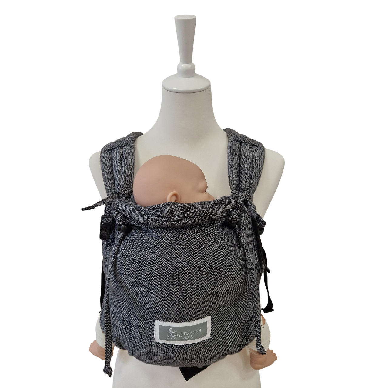 Valeno Graphit baby carrier in gray with padded straps and adjustable support for newborns.