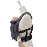 Valeno Graphit baby carrier with full buckle, ergonomic design, adjustable straps, and integrated head support in dark gray.