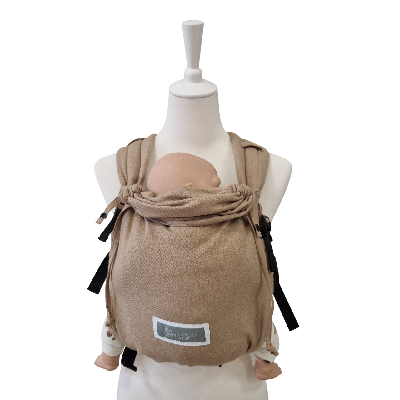 Valeno Sand baby carrier in sand color with full buckle, padded straps, adjustable seat, integrated head support, and front and back carrying options